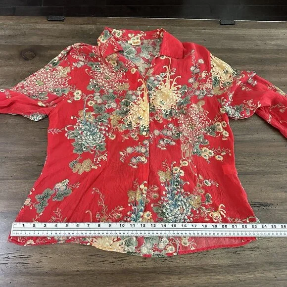 Tianello Womens Top Blouse Sz L Suzy Button Up Red Boho Floral Rayon USA Artsy - Picture 10 of 12